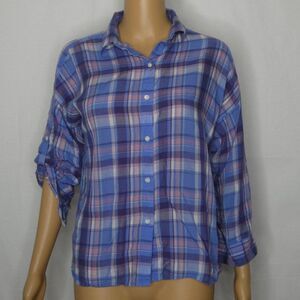 Black by Moussy Plaid Button Up Tab Sleeve Shirt Blue Pink Lighyweight